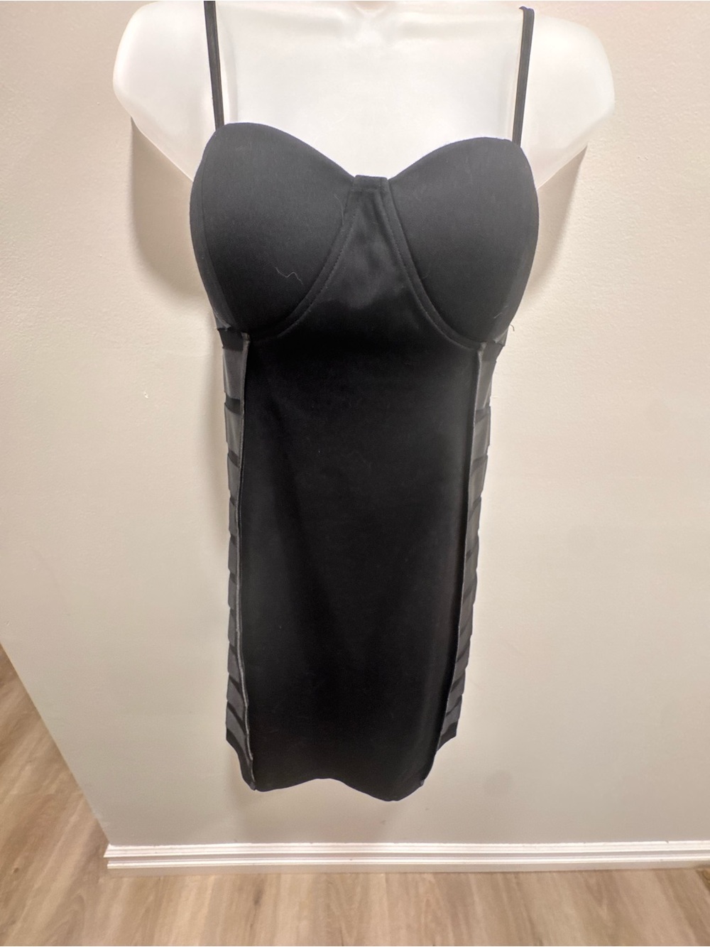 Bebe Black Sculpting Bodycon Slip Dress with sheer side panels.